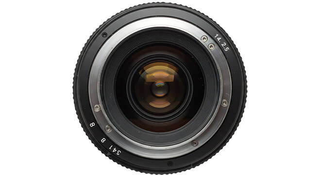 Close up view of a camera lens with intricate glass elements and metal housing isolated on white background