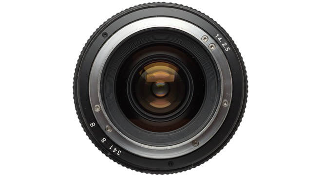 Close up view of a camera lens with intricate glass elements and metal housing isolated on white background - Powered by Adobe
