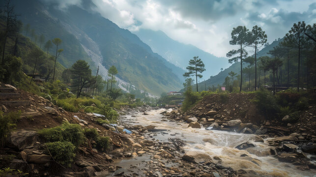 Pristine mountain stream flowing through lush green valley with pine trees, rocky terrain and misty peaks creating perfect wilderness landscape photography scene. - Powered by Adobe
