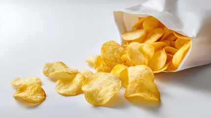 Potato Chips Bag Mockup with Crispy Snack on White Background