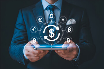 Businessman displays currency exchange on mobile device showcasing global finance and digital transactions