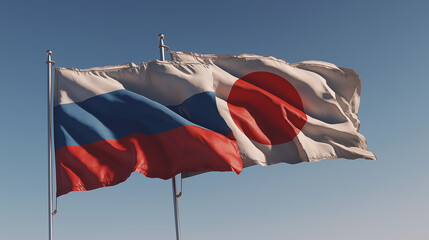 Flags of russia and japan flying together outdoor setting daytime cultural significance international relations