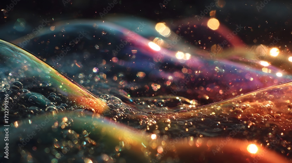 Poster ro view of a dynamic fluid surface featuring rainbow iridescence countless tiny bubbles and soft bok