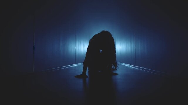 dark silhouette woman ghost crawls on all fours on the floor along black corridor hall. zombie girl in dress stumbles falls crawl on all fours horror creepy night mad scene lightning blue color light