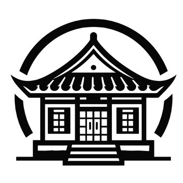 Stylized black and white vector illustration of a Chinese house with circular design  on transparent background