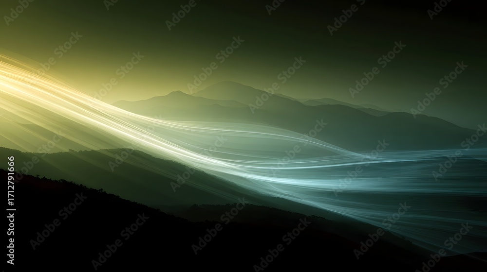 Poster ethereal golden and blue light streams flow dynamically across serene fog covered mountain silhouett