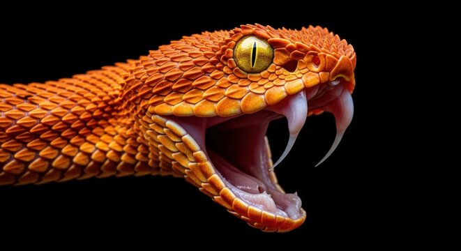 Aggressive Orange Viper Snake with Fangs and Open Mouth