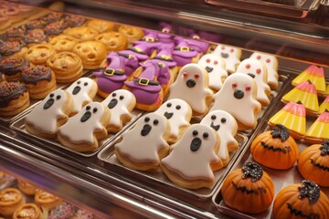 A tempting selection of Halloween-themed desserts fills a bakery case. Ghost-shaped cookies, vibrant cupcakes, and pumpkin treats attract attention during the spooky season