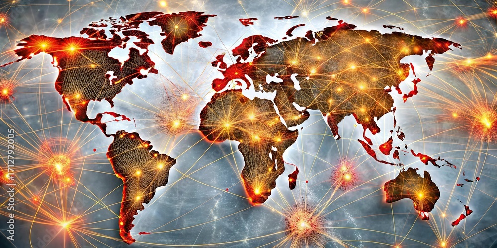 Aufkleber abstract digital world map with connection lines on dark best colorful background.