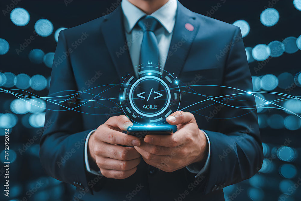 Poster businessman holds smartphone displaying agile software development concept with digital technology o