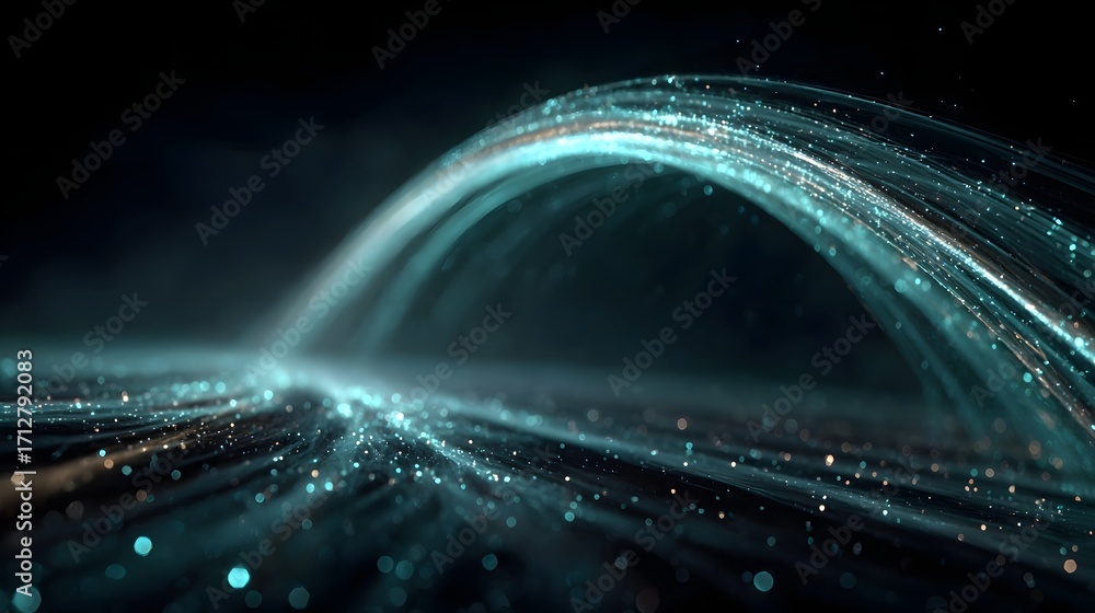 Poster dynamic abstract visualization featuring glowing blue and teal light trails and golden particles for