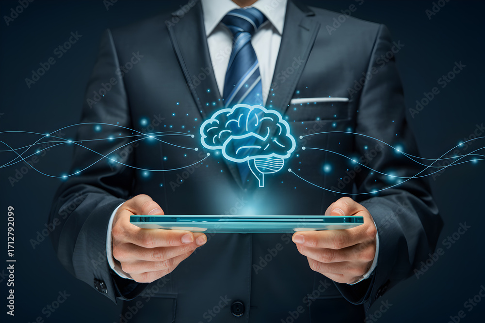 Poster businessman holding tablet displaying a glowing brain symbolizing artificial intelligence and techno