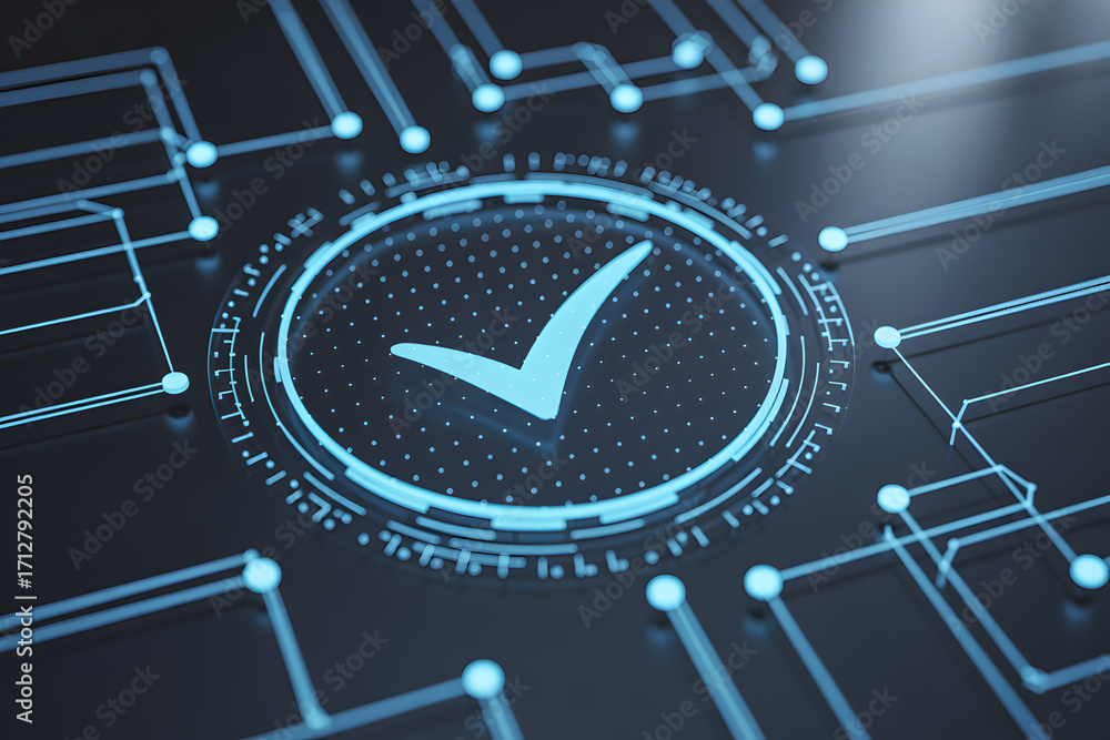Poster glowing check mark on a futuristic circuit board represents validation and successful technology int