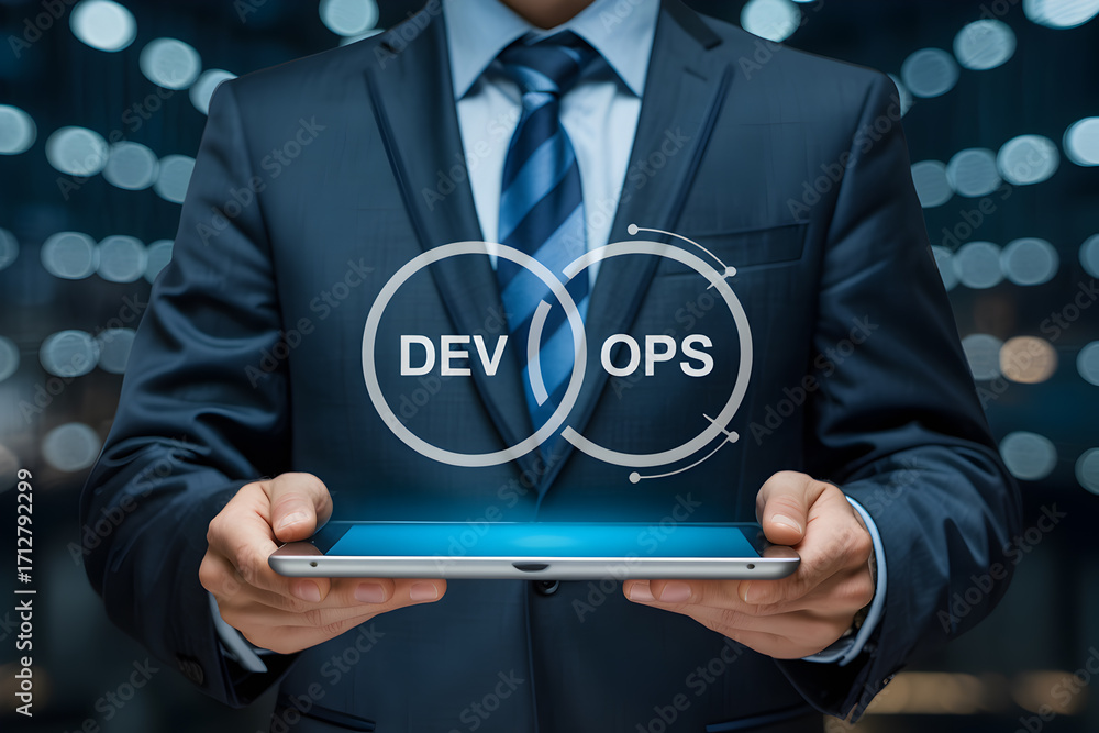 Poster businessman presents devops concept on tablet for software development and it operations management