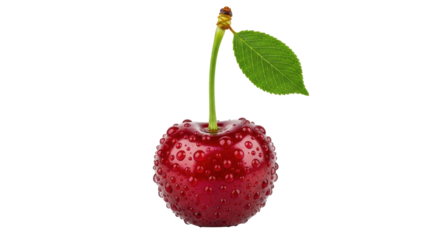 Isolated single fresh cherry with stem and leaf perfect for snacking and healthy eating