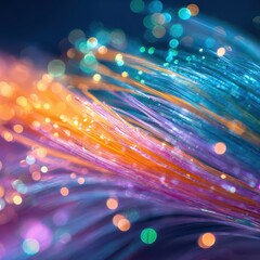 Abstract Fiber Optics: Vibrant Blue, Orange, and Purple Light Streaks
