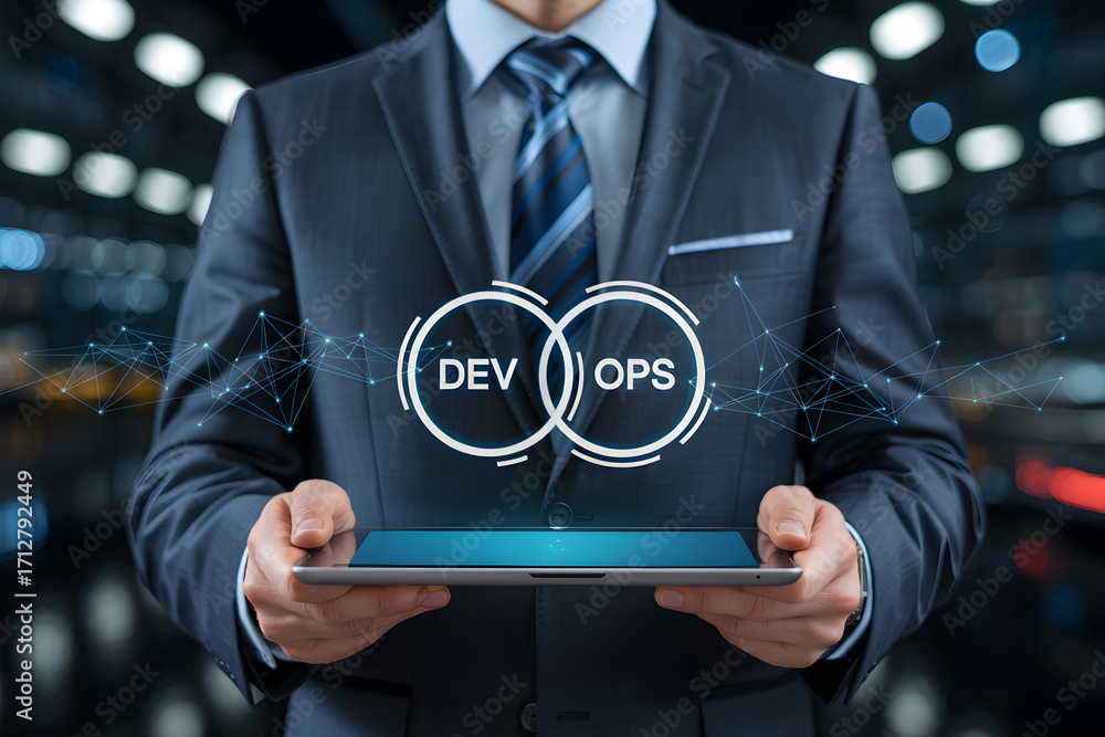 Poster businessman presents devops concept on tablet showcasing development and operations integration stra
