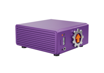 Isolated studio shot of a purple box-shaped electronic device with front-facing ports