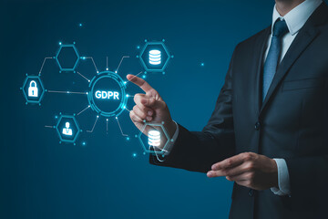 Businessman presents GDPR compliance with digital interface on blue background for data protection