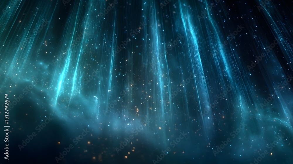 Poster abstract background featuring luminous flowing teal and green light streaks reminiscent of the auror