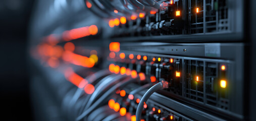 High-tech server room featuring multiple data storage units with illuminated indicators and connected cables, showcasing advanced technology in a modern digital environment