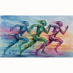 Colorful Abstract Sprinters with Dynamic Watercolor Movement.