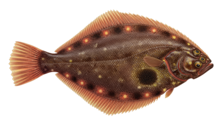 Isolated Turbot fish art with flat shape and brown color tones with a speckled pattern