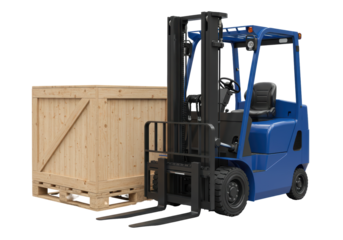 Isolated blue industrial forklift with wood crate, equipment for shipping, loading, moving cargo