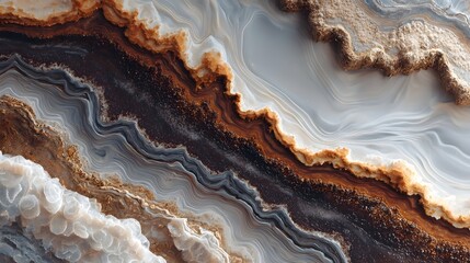 Obraz premium Intricate cross section of a natural mineral formation displaying mesmerizing wavy layers and rich earthy tones of brown gold and white creating an abstract organic pattern
