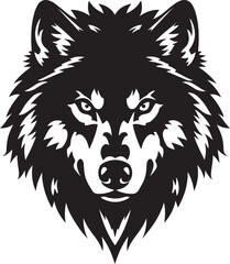 Fototapeta premium Black and white graphic illustration of a fierce wolf head with detailed fur and intense eyes vector
