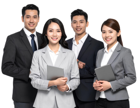 Confident Business Team Holding Tablets on Transparent Background.