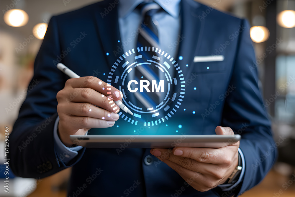 Poster businessman uses tablet with crm interface for customer relationship management and data analysis