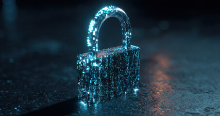 Digital padlock glowing with blue light, surrounded by a dark reflective surface, symbolizes cybersecurity and data protection in a modern technological environment