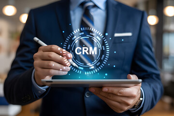 Businessman uses tablet with CRM interface for customer relationship management and data analysis
