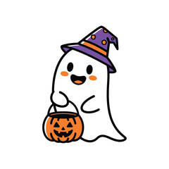 Cute cartoon ghost wearing a witch hat and holding a jack-o-lantern basket for halloween trick or treating, a delightful vector illustration isolated on a white background