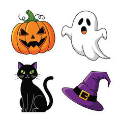 Spooky Halloween Fun Jack-o'-lantern, Ghost, Black Cat, and Witch Hat