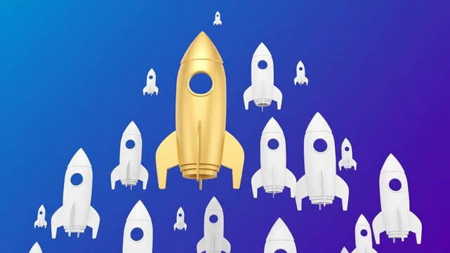 Golden Rocket Leading the Pack - A gold rocket soars above a group of white rockets against a blue gradient background.