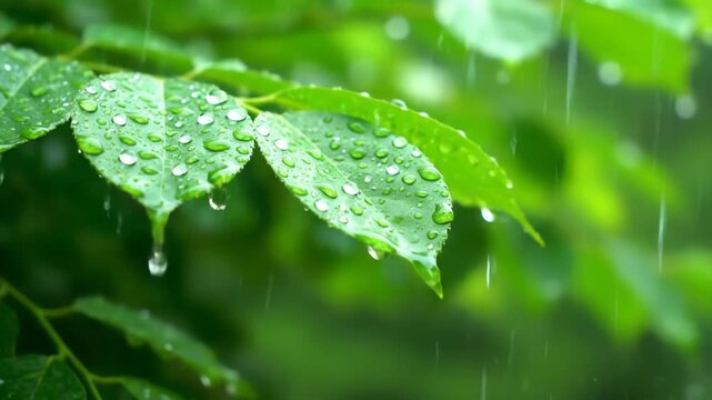 Macro shot of vibrant green leaves covered in glistening water droplets during a gentle rain shower, creating a peaceful and refreshing natural scene.
