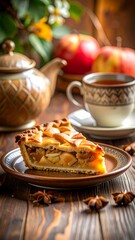 Slice of apple pie with tea