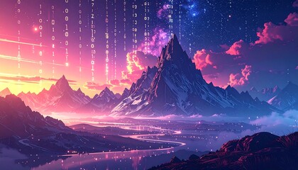 Mountain range landscape with digital code overlay