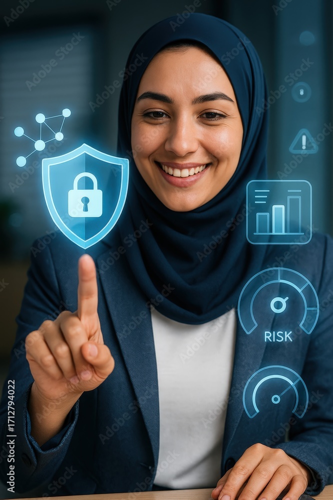 Poster a smiling woman in a hijab interacting with a digital security interface, representing cybersecurity