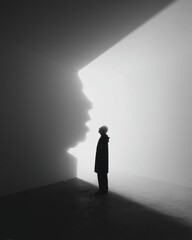 Obraz premium Shadow Play: Man Standing in Light with Profound Face Shadow