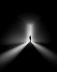 Man Standing in Shadows with Rays of Light in Dark Environment