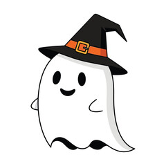 A cute cartoon ghost wearing a witch hat, perfect for halloween decorations and spooky holiday designs