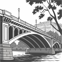 Classic stone arch bridge with ornate lampposts crossing a river with a building and trees in the background