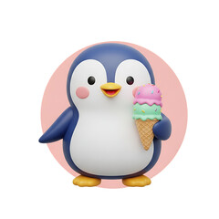 Fototapeta premium Adorable cartoon penguin character holding a delicious ice cream cone enjoying a sweet treat isolated on transparent background