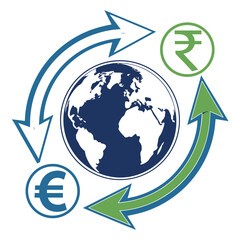 Global currency exchange concept with arrows showing movement between earth euro and rupee symbols