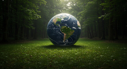 Planet Earth resting in a vibrant green field, concept of sustainability and environmental protection, Earth Day and nature conservation, globe on a landscape of fresh grass