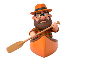 Friendly cartoon bearded man in hat paddles orange canoe adventure outdoors isolated on transparent background