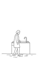 Woman in a flooded kitchen, looking concerned, on a transparent background